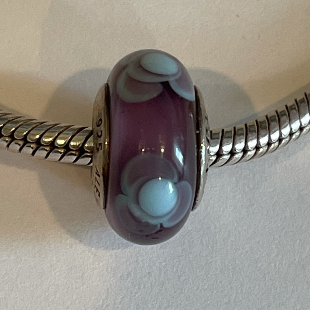 Pandora murano glass purple blue flowers charm